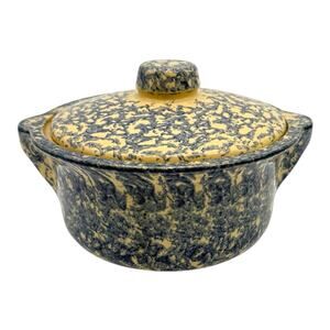 Vtg RRP Roseville Ohio 1-1/2 QT Spongeware Covered Baking Dish Blue White EUC